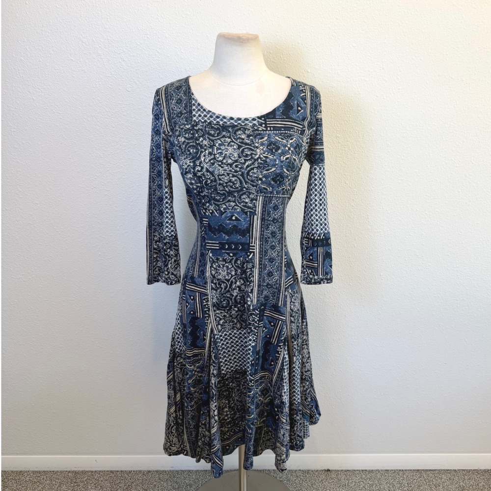 Lauren Ralph Lauren Blue Patchwork Dress‎ Womens Medium Tie Back Quarter Sleeve